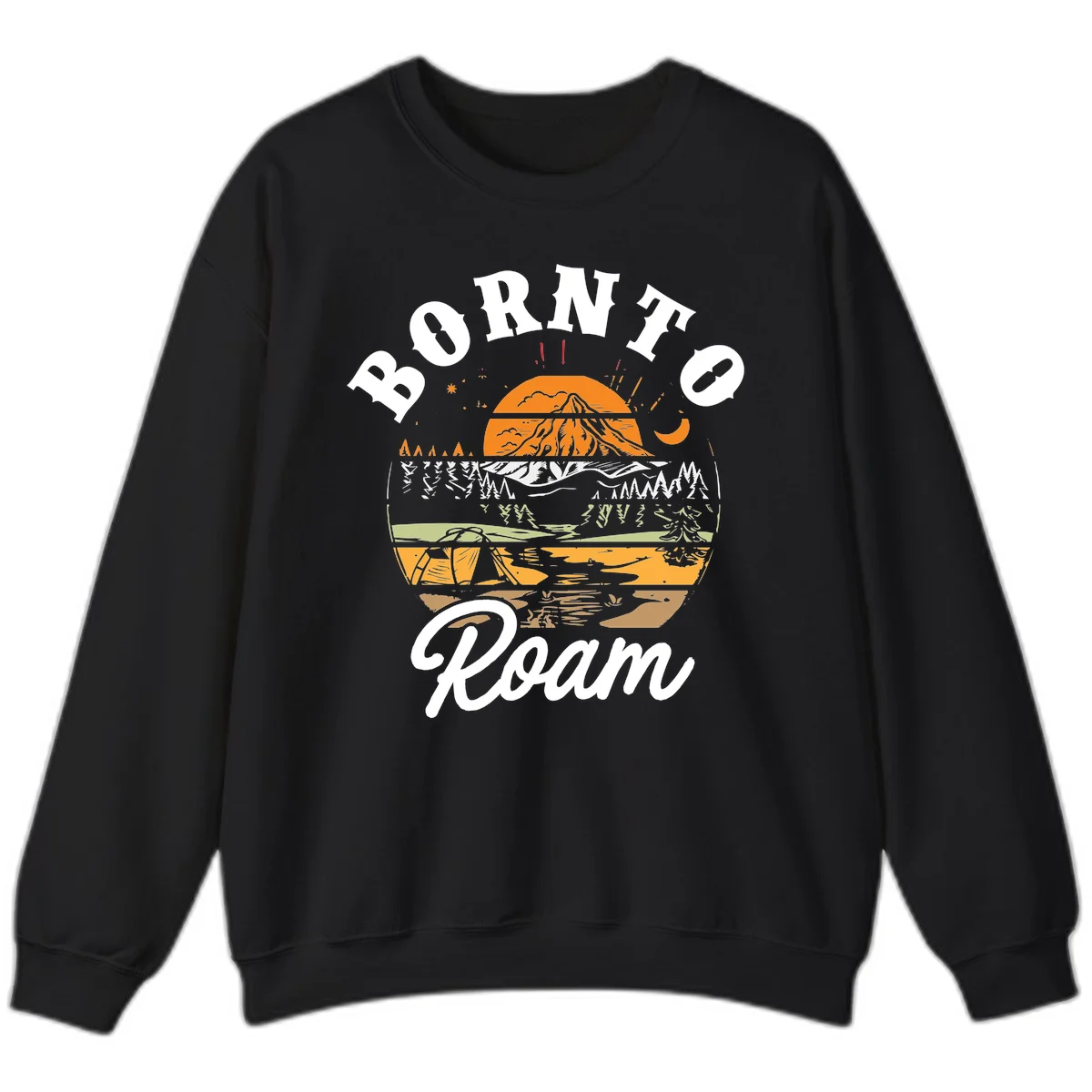 Born to roam camping design featuring layered mountain landscape with roots, forest, and campfire elements in orange, white, and gray. in Black