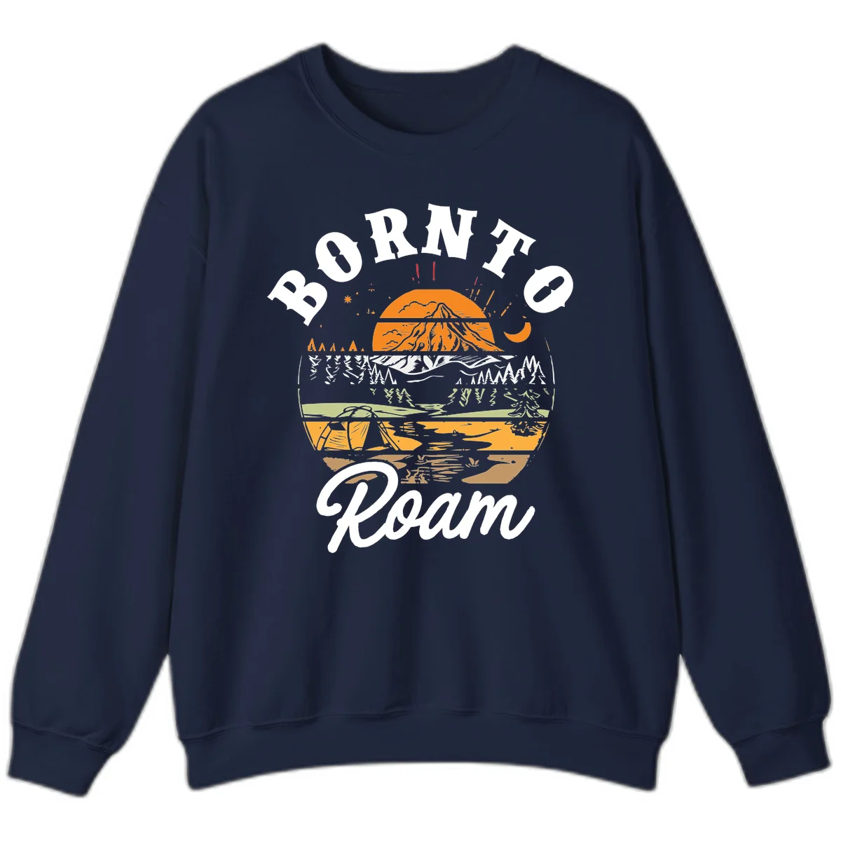 Born to roam camping design featuring layered mountain landscape with roots, forest, and campfire elements in orange, white, and gray. in Navy