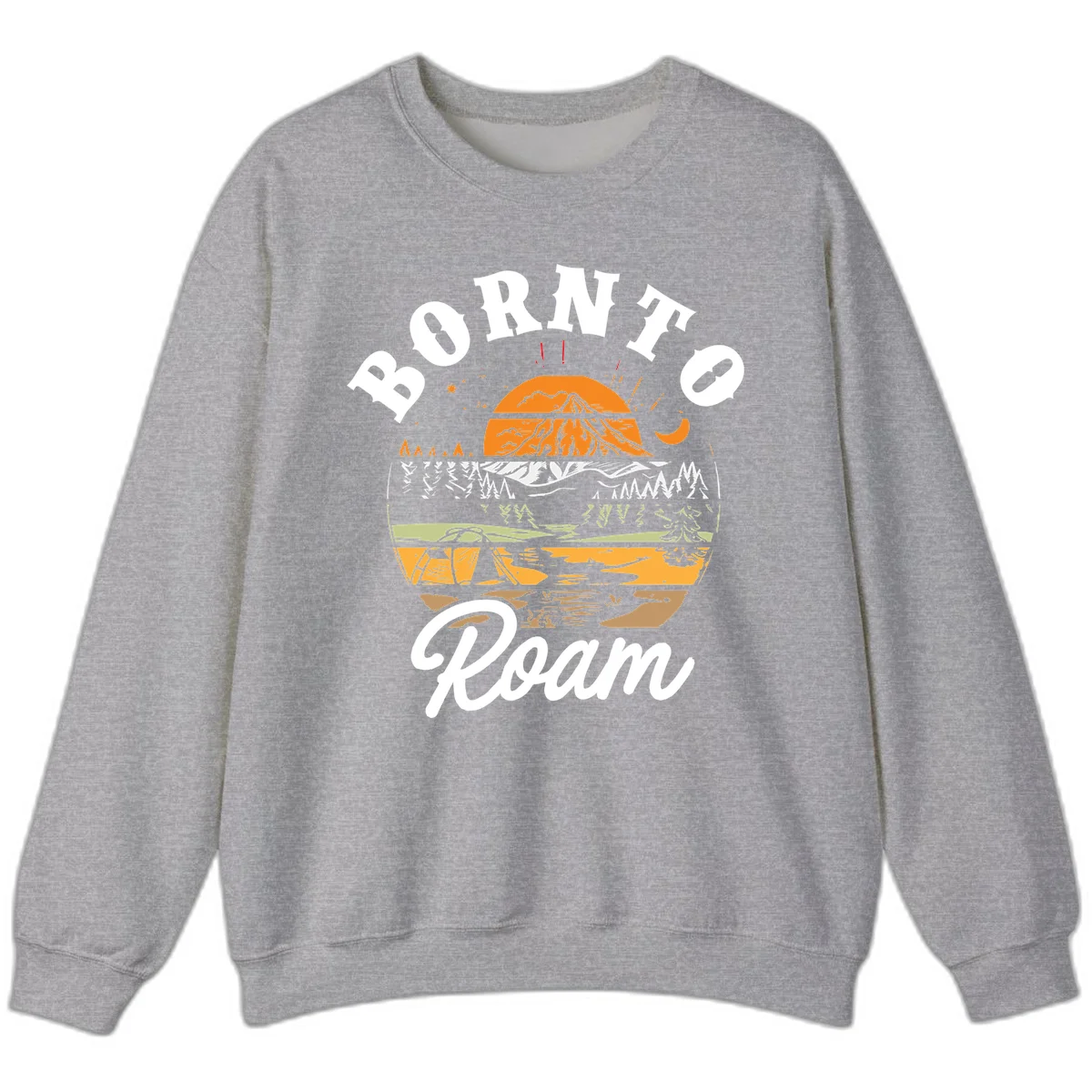 Born to roam camping design featuring layered mountain landscape with roots, forest, and campfire elements in orange, white, and gray. in Sport Grey