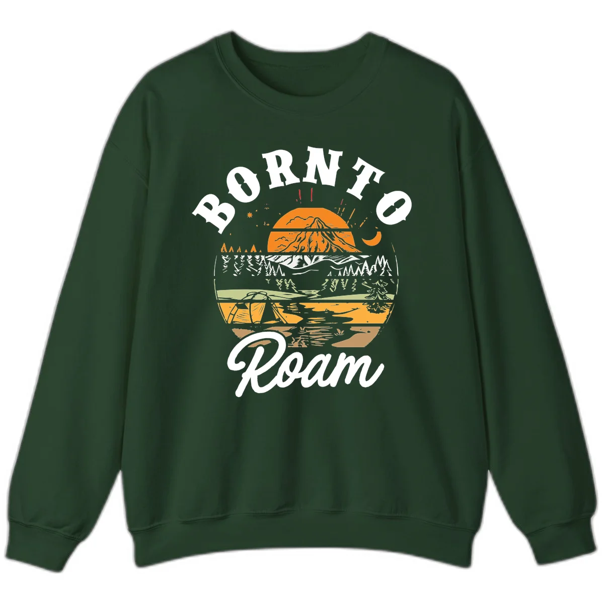 Born to roam camping design featuring layered mountain landscape with roots, forest, and campfire elements in orange, white, and gray. in Forest Green