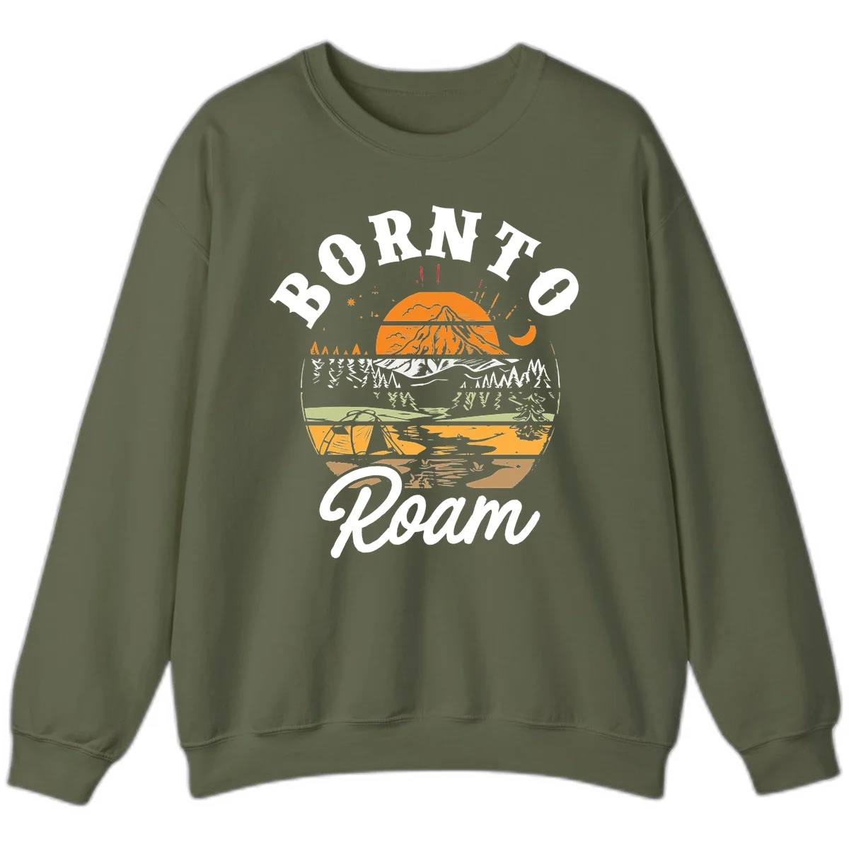 Born to roam camping design featuring layered mountain landscape with roots, forest, and campfire elements in orange, white, and gray. in Military Green
