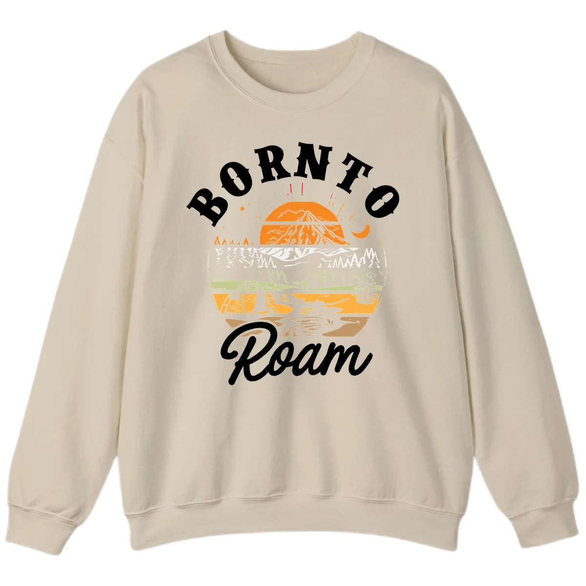 Born to roam camping design featuring layered mountain landscape with roots, forest, and campfire elements in orange, white, and gray. in Sand