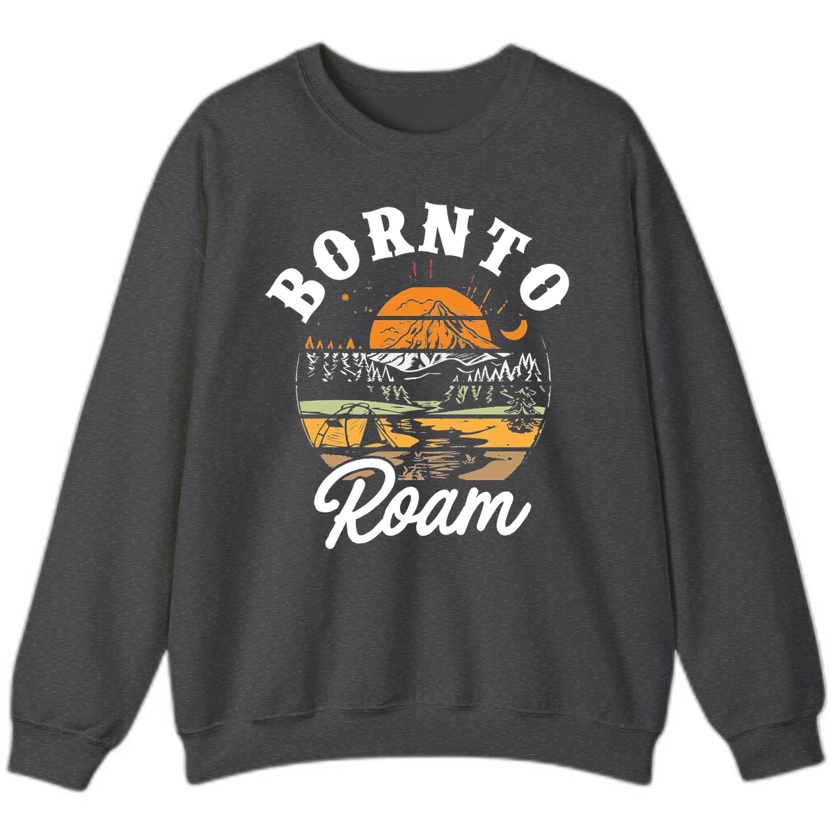 Born to roam camping design featuring layered mountain landscape with roots, forest, and campfire elements in orange, white, and gray. in Dark Heather