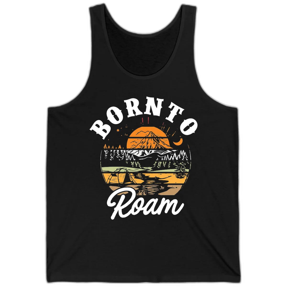 Born to roam camping design featuring layered mountain landscape with roots, forest, and campfire elements in orange, white, and gray. in Black