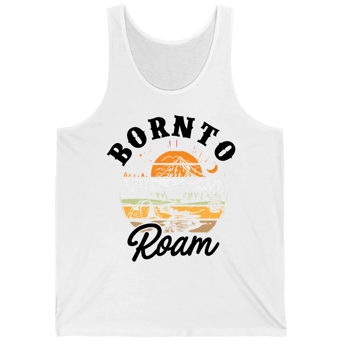 Born to roam camping design featuring layered mountain landscape with roots, forest, and campfire elements in orange, white, and gray. in White