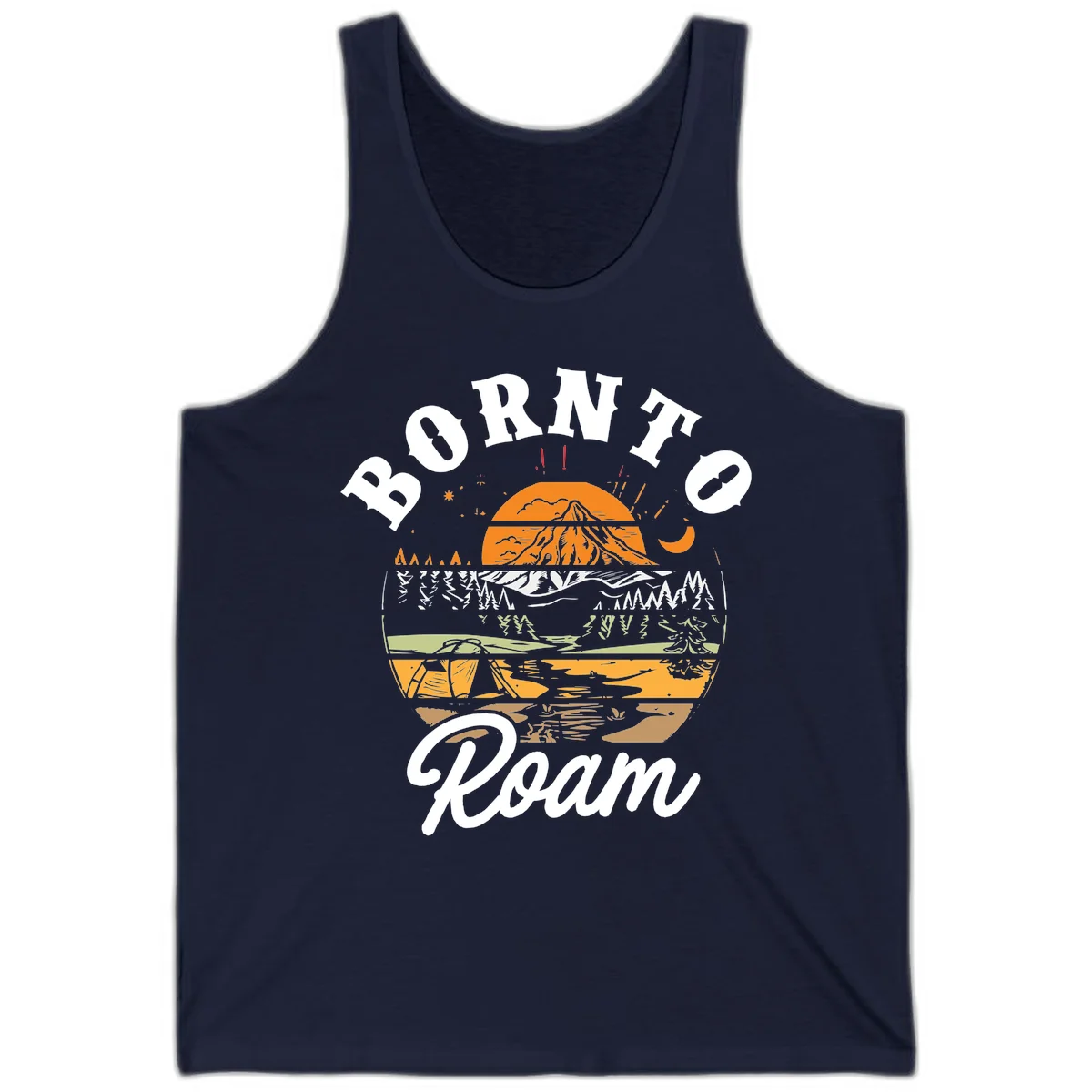 Born to roam camping design featuring layered mountain landscape with roots, forest, and campfire elements in orange, white, and gray. in Navy