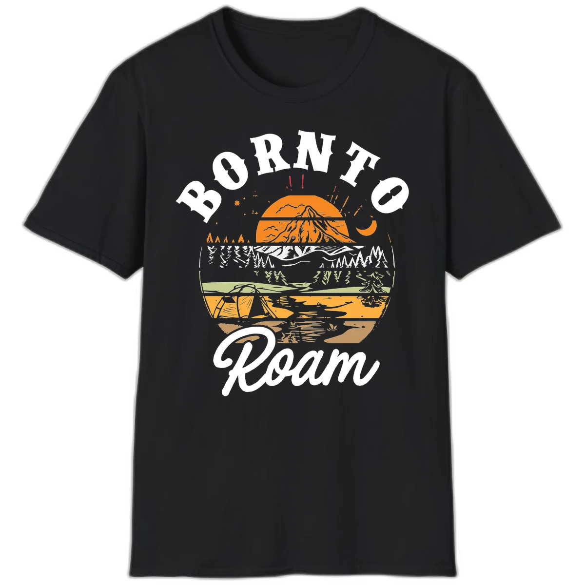 Born to roam camping design featuring layered mountain landscape with roots, forest, and campfire elements in orange, white, and gray. in Black