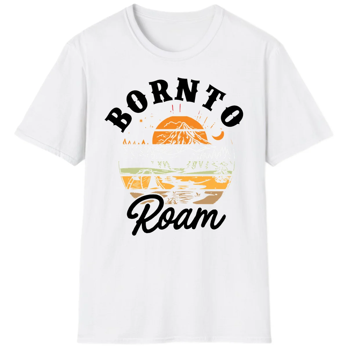 Born to roam camping design featuring layered mountain landscape with roots, forest, and campfire elements in orange, white, and gray. in White