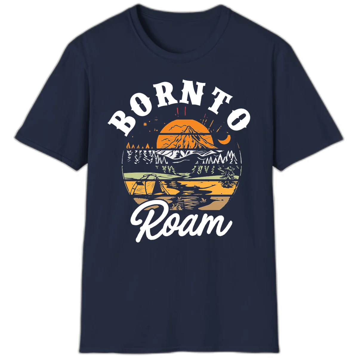 Born to roam camping design featuring layered mountain landscape with roots, forest, and campfire elements in orange, white, and gray. in Navy