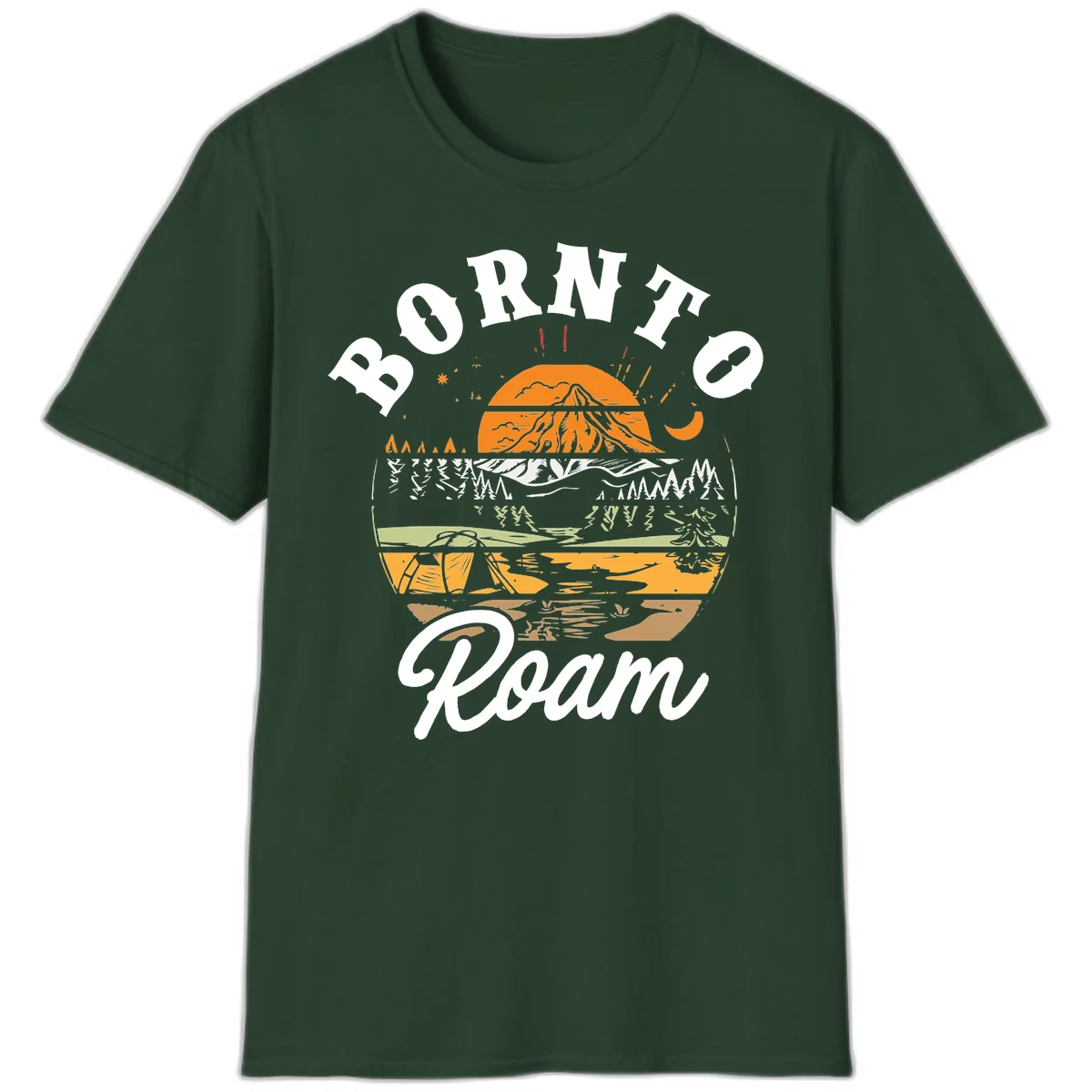 Born to roam camping design featuring layered mountain landscape with roots, forest, and campfire elements in orange, white, and gray. in Forest Green