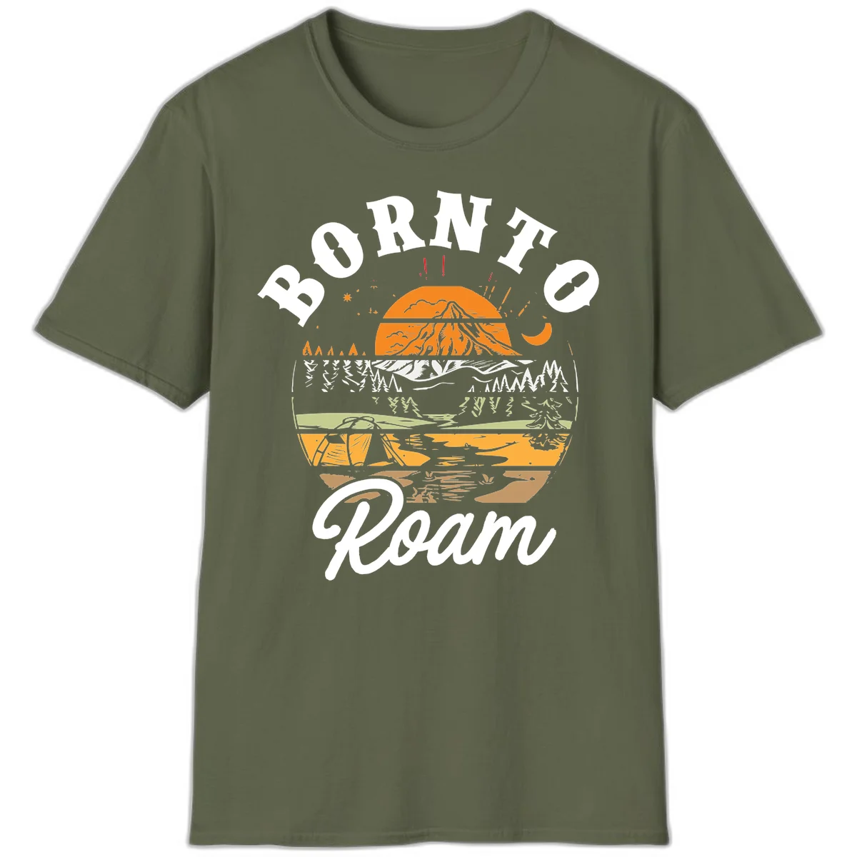 Born to roam camping design featuring layered mountain landscape with roots, forest, and campfire elements in orange, white, and gray. in Military Green
