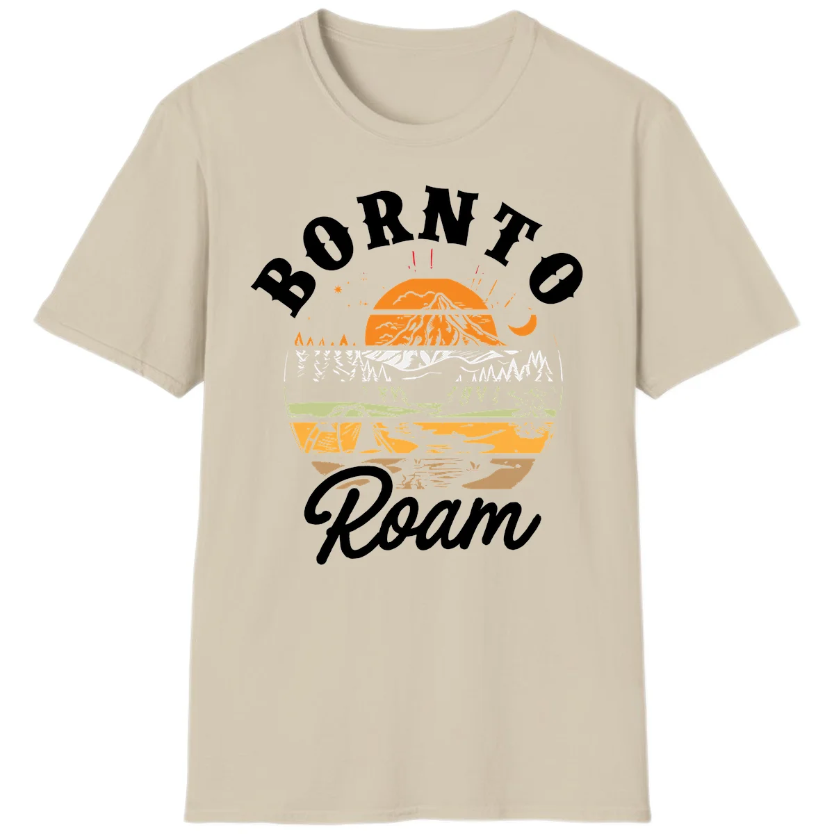 Born to roam camping design featuring layered mountain landscape with roots, forest, and campfire elements in orange, white, and gray. in Sand