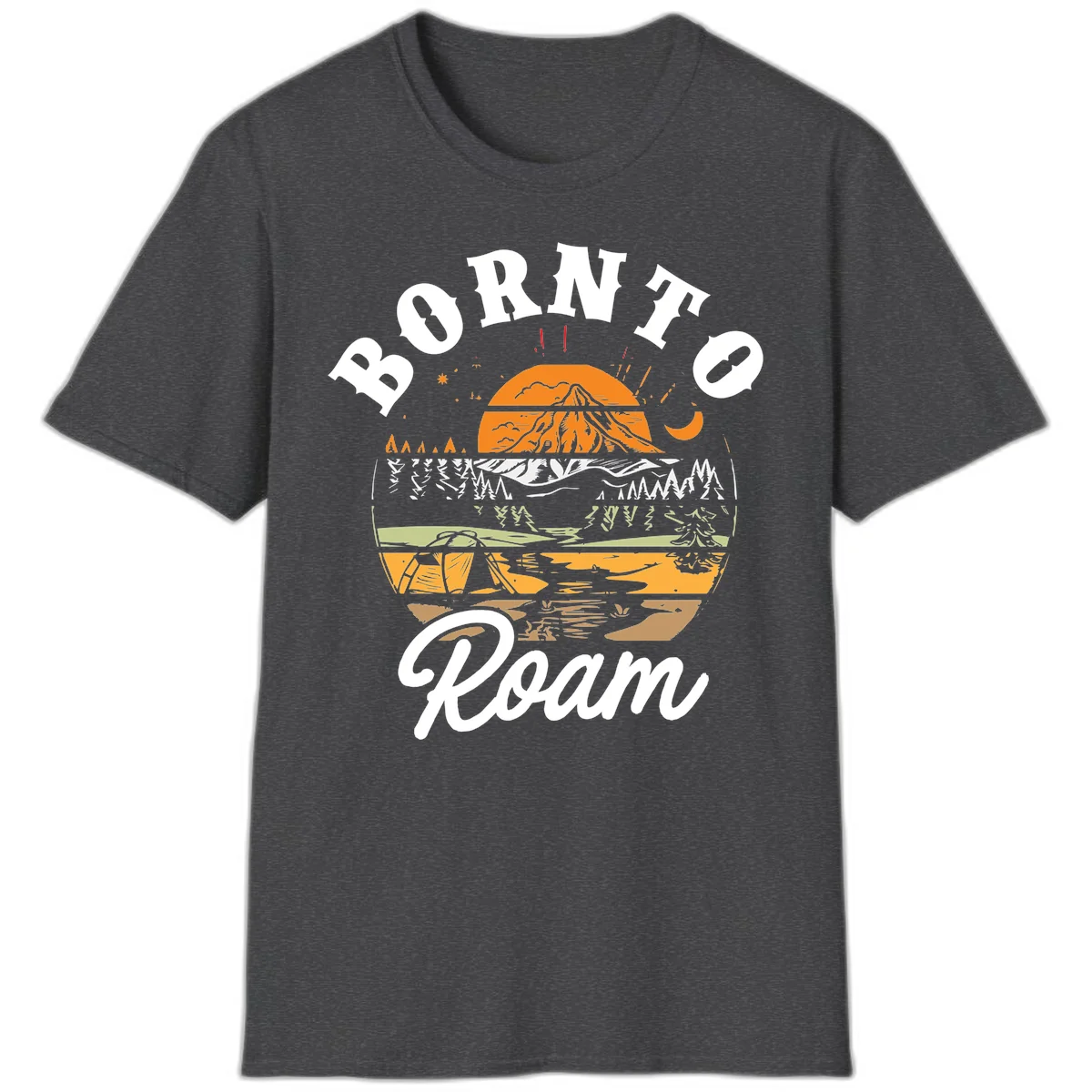 Born to roam camping design featuring layered mountain landscape with roots, forest, and campfire elements in orange, white, and gray. in Dark Heather