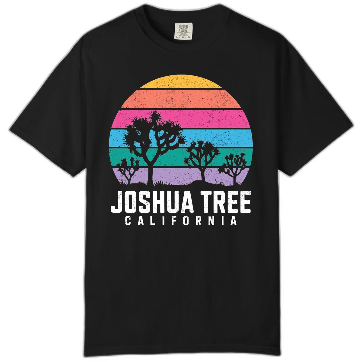 Joshua tree desert stripes design with silhouetted trees across rainbow horizontal color bands and distressed texture. in Black