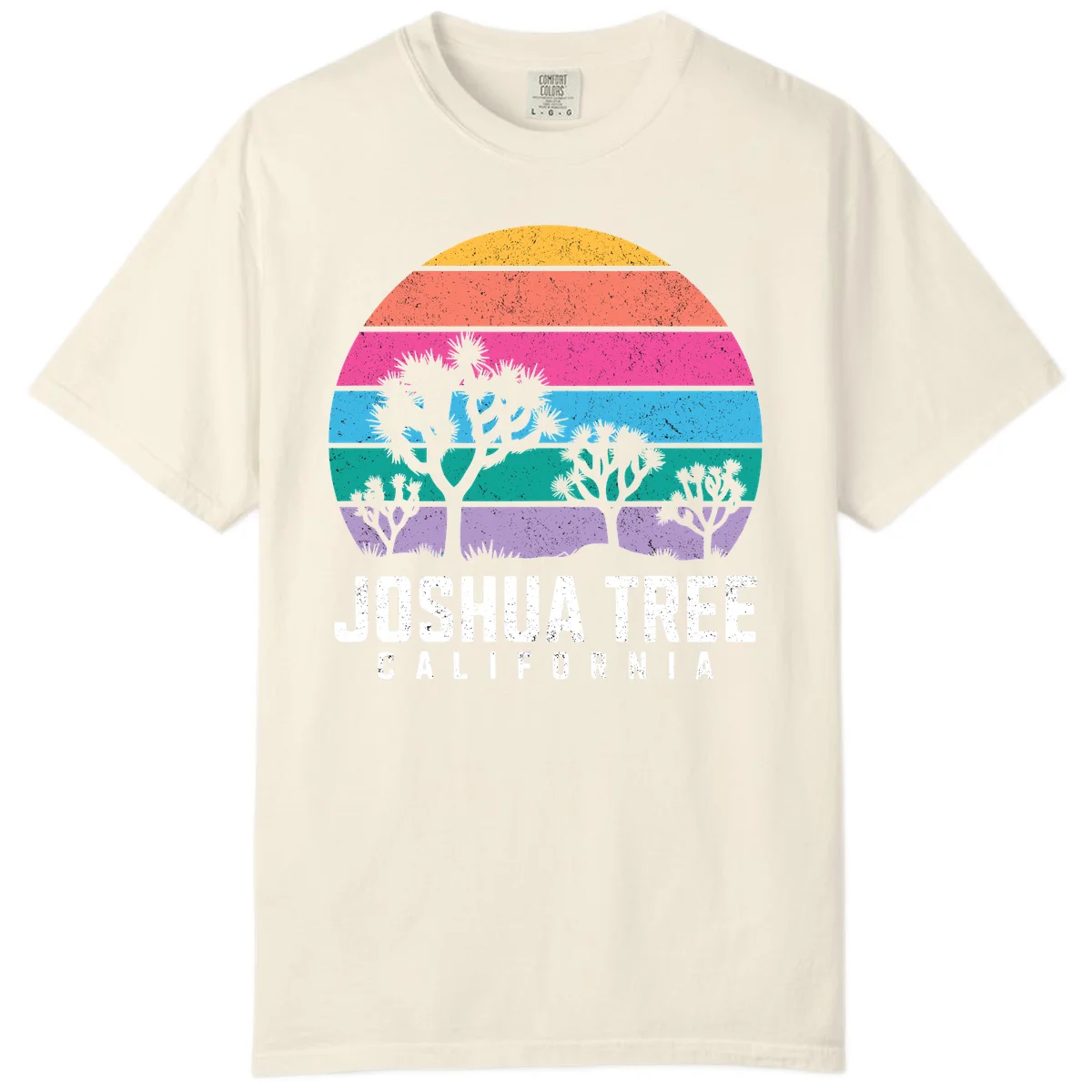 Joshua tree desert stripes design with silhouetted trees across rainbow horizontal color bands and distressed texture. in Ivory