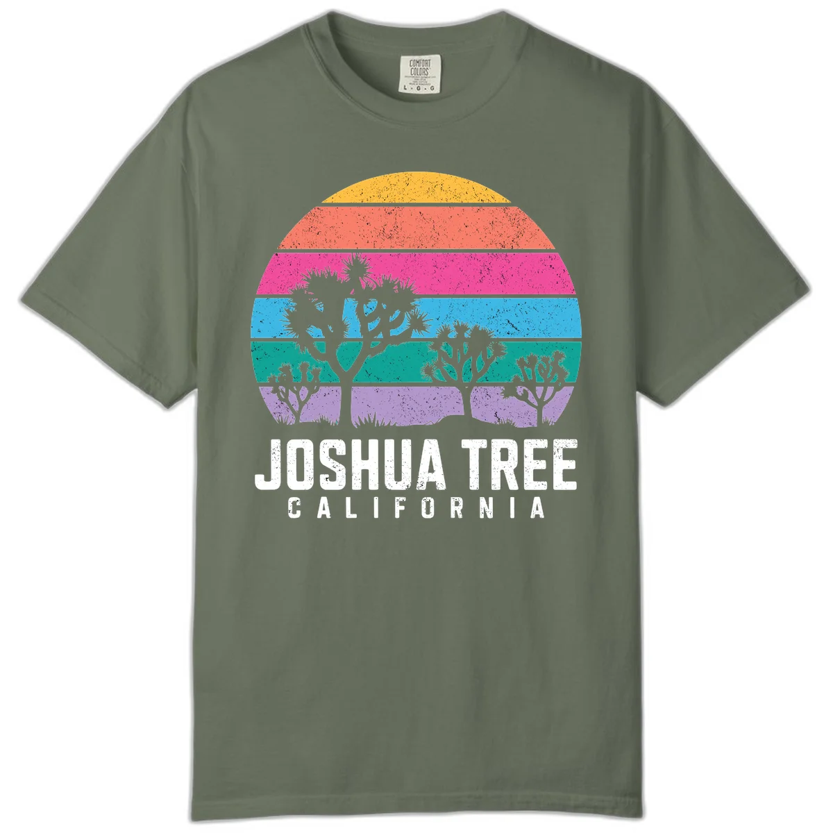 Joshua tree desert stripes design with silhouetted trees across rainbow horizontal color bands and distressed texture. in Moss
