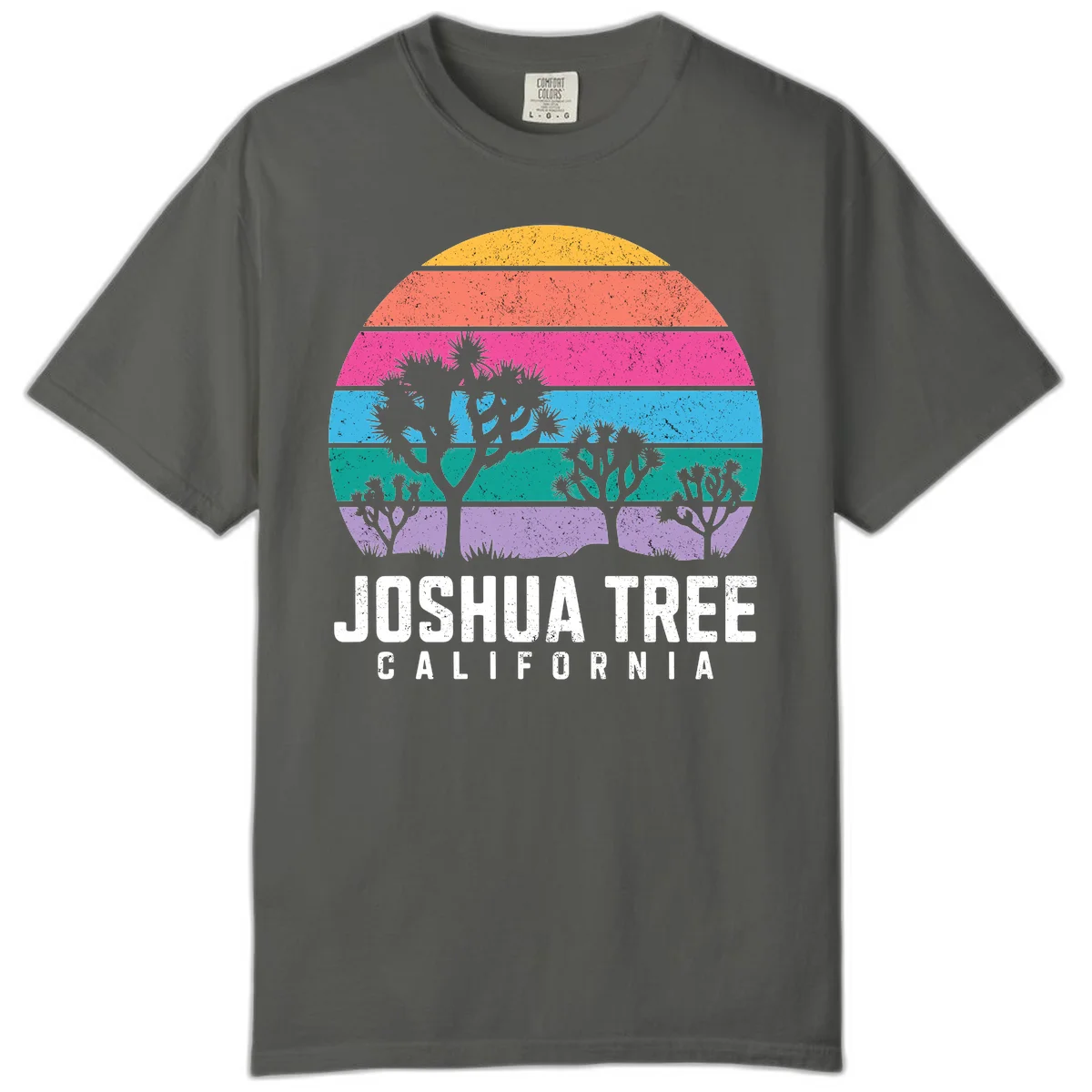 Joshua tree desert stripes design with silhouetted trees across rainbow horizontal color bands and distressed texture. in Pepper