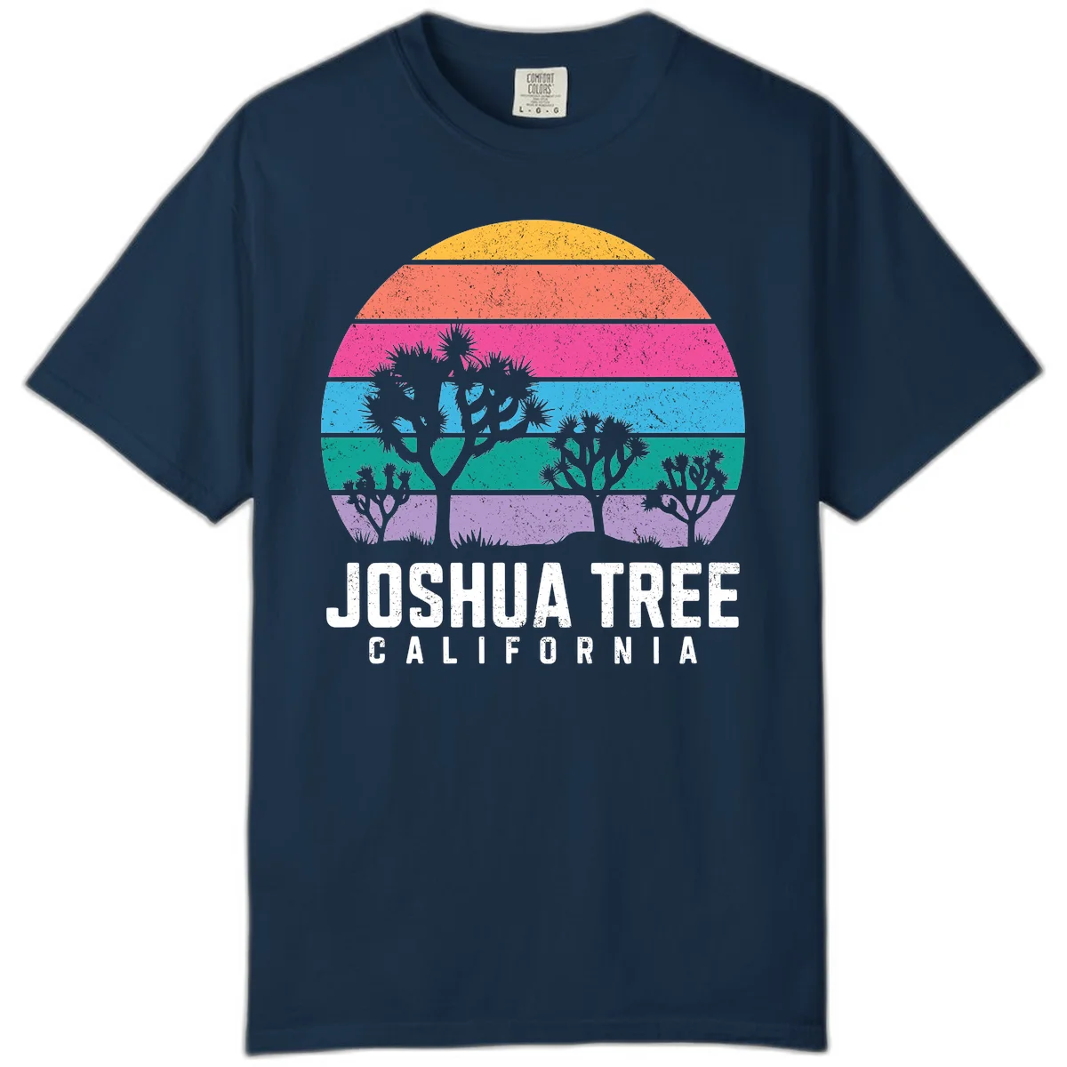 Joshua tree desert stripes design with silhouetted trees across rainbow horizontal color bands and distressed texture. in True Navy