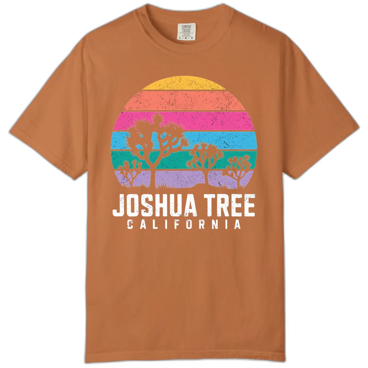 Joshua tree desert stripes design with silhouetted trees across rainbow horizontal color bands and distressed texture. in Yam