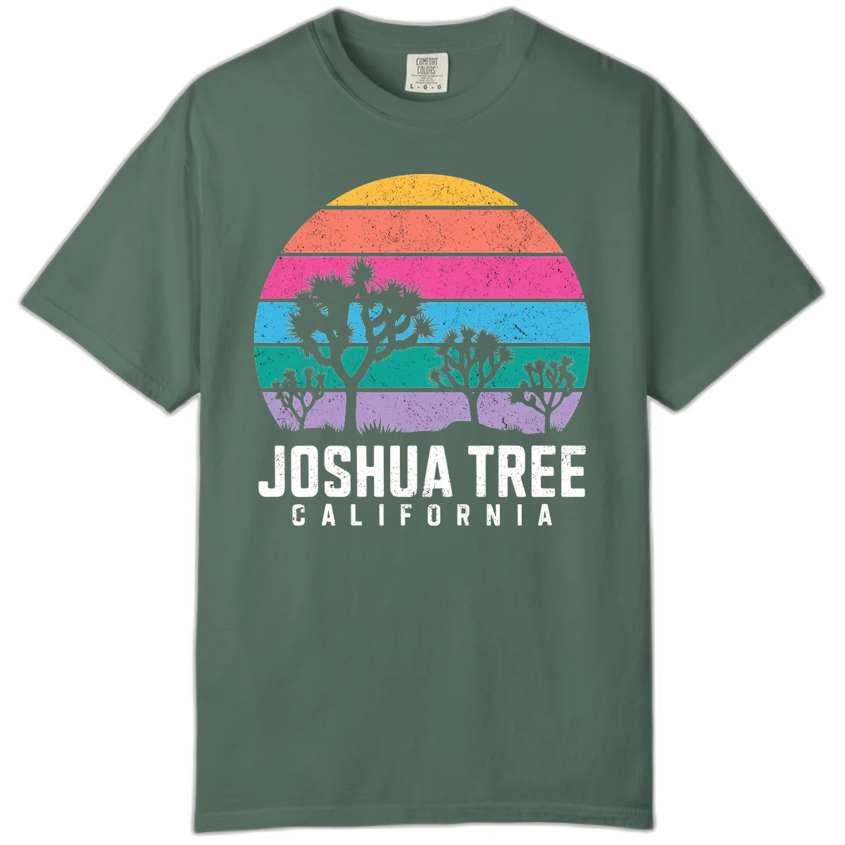 Joshua tree desert stripes design with silhouetted trees across rainbow horizontal color bands and distressed texture. in Blue Spruce