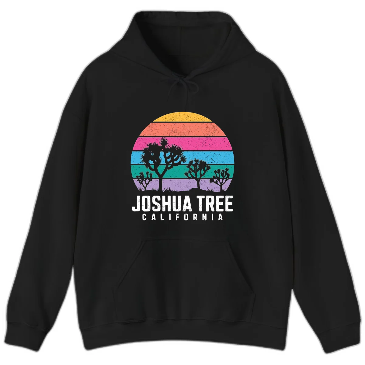 Joshua tree desert stripes design with silhouetted trees across rainbow horizontal color bands and distressed texture. in Black