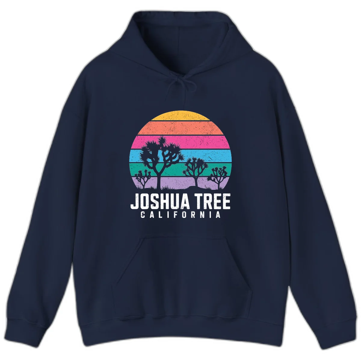 Joshua tree desert stripes design with silhouetted trees across rainbow horizontal color bands and distressed texture. in Navy