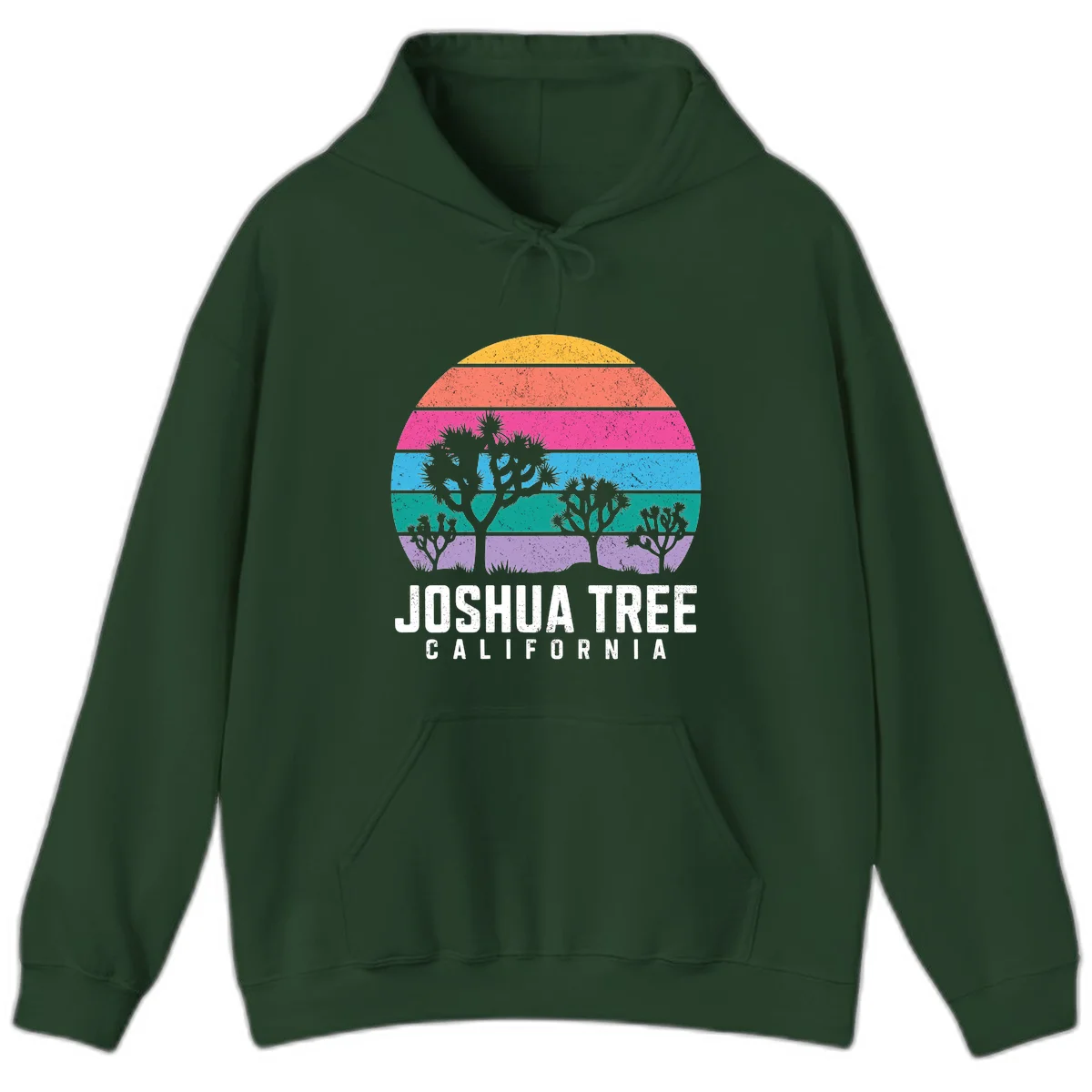 Joshua tree desert stripes design with silhouetted trees across rainbow horizontal color bands and distressed texture. in Forest Green