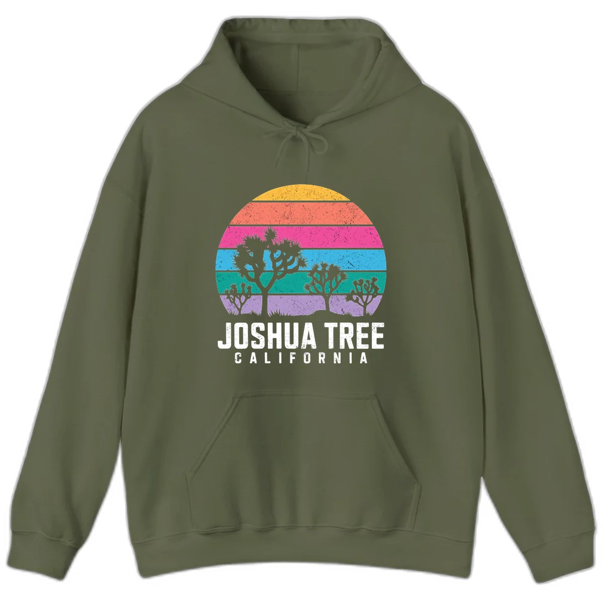 Joshua tree desert stripes design with silhouetted trees across rainbow horizontal color bands and distressed texture. in Military Green