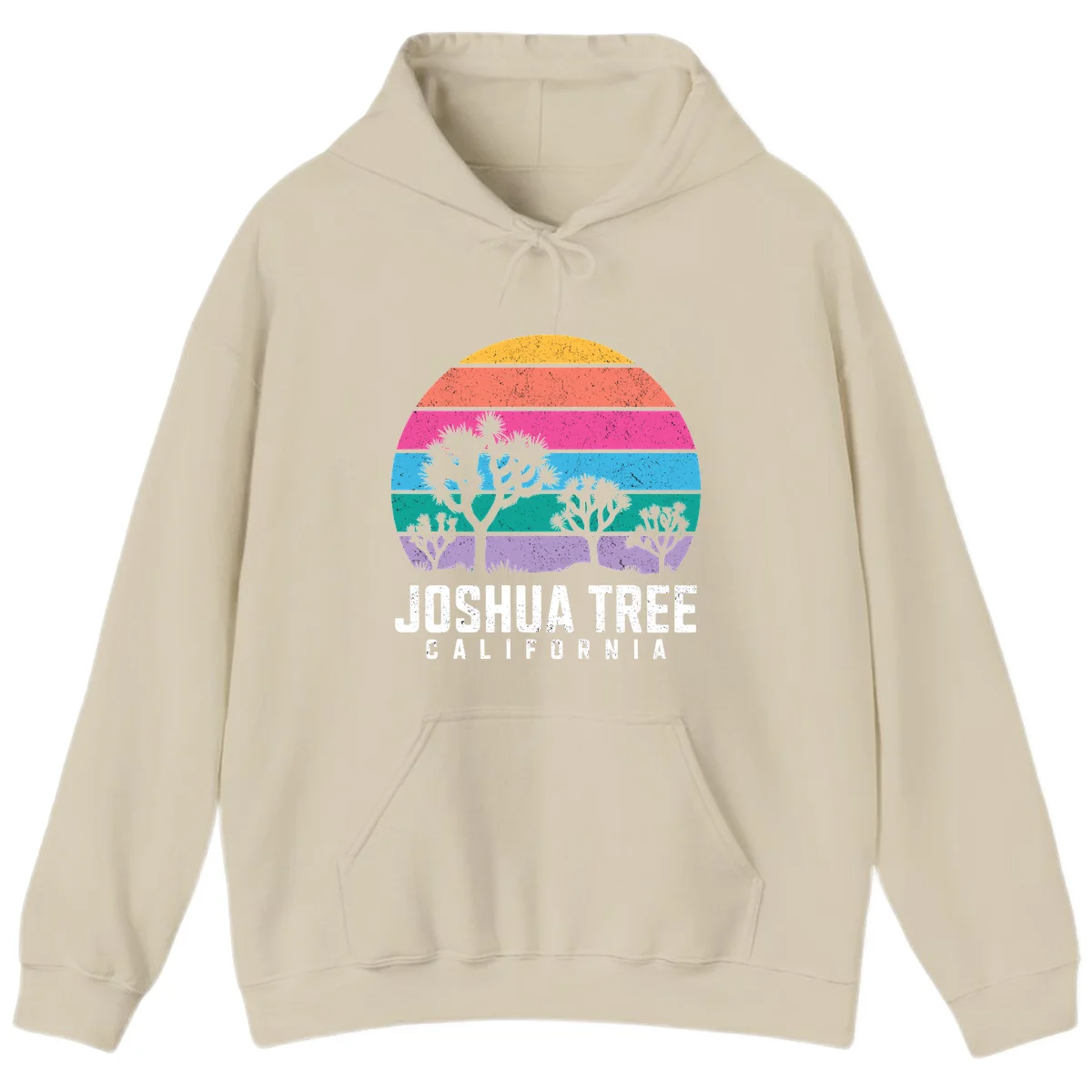 Joshua tree desert stripes design with silhouetted trees across rainbow horizontal color bands and distressed texture. in Sand
