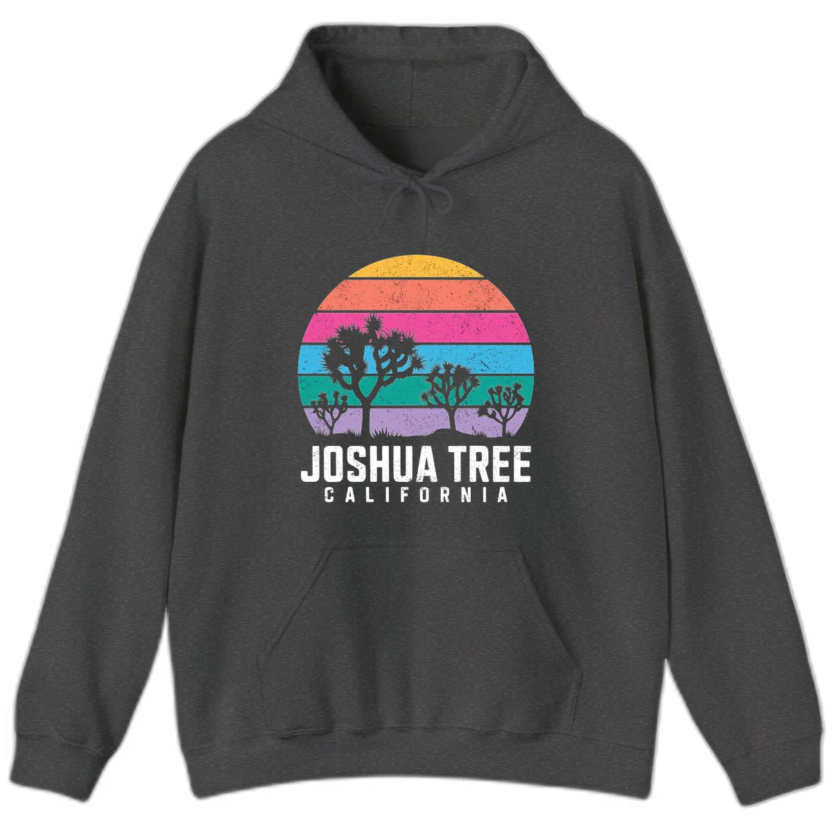 Joshua tree desert stripes design with silhouetted trees across rainbow horizontal color bands and distressed texture. in Dark Heather