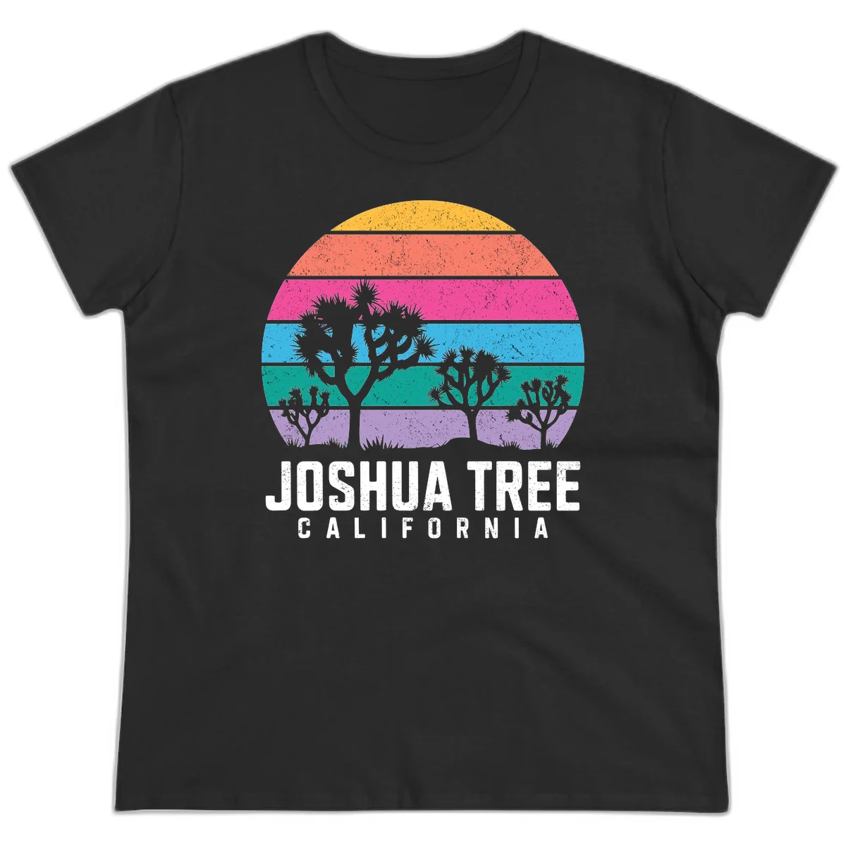 Joshua tree desert stripes design with silhouetted trees across rainbow horizontal color bands and distressed texture. in Black