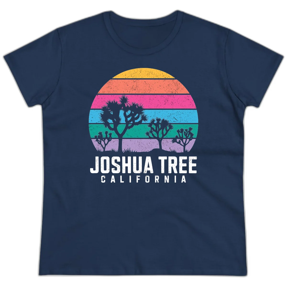 Joshua tree desert stripes design with silhouetted trees across rainbow horizontal color bands and distressed texture. in Navy