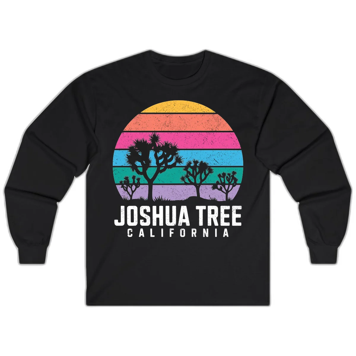 Joshua tree desert stripes design with silhouetted trees across rainbow horizontal color bands and distressed texture. in Black