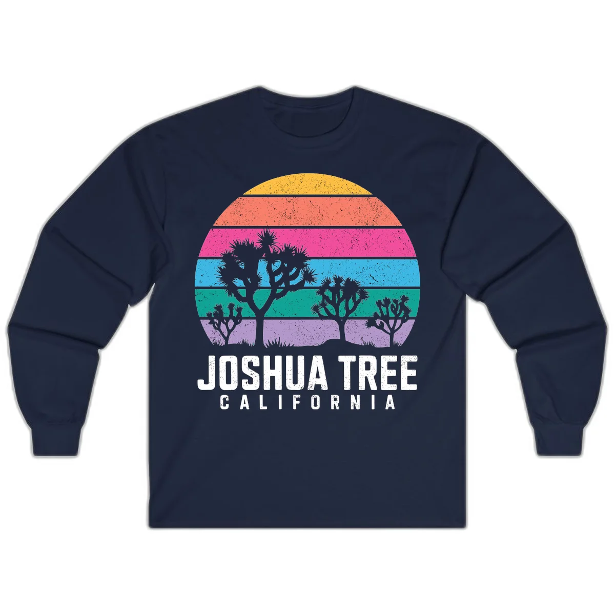 Joshua tree desert stripes design with silhouetted trees across rainbow horizontal color bands and distressed texture. in Navy