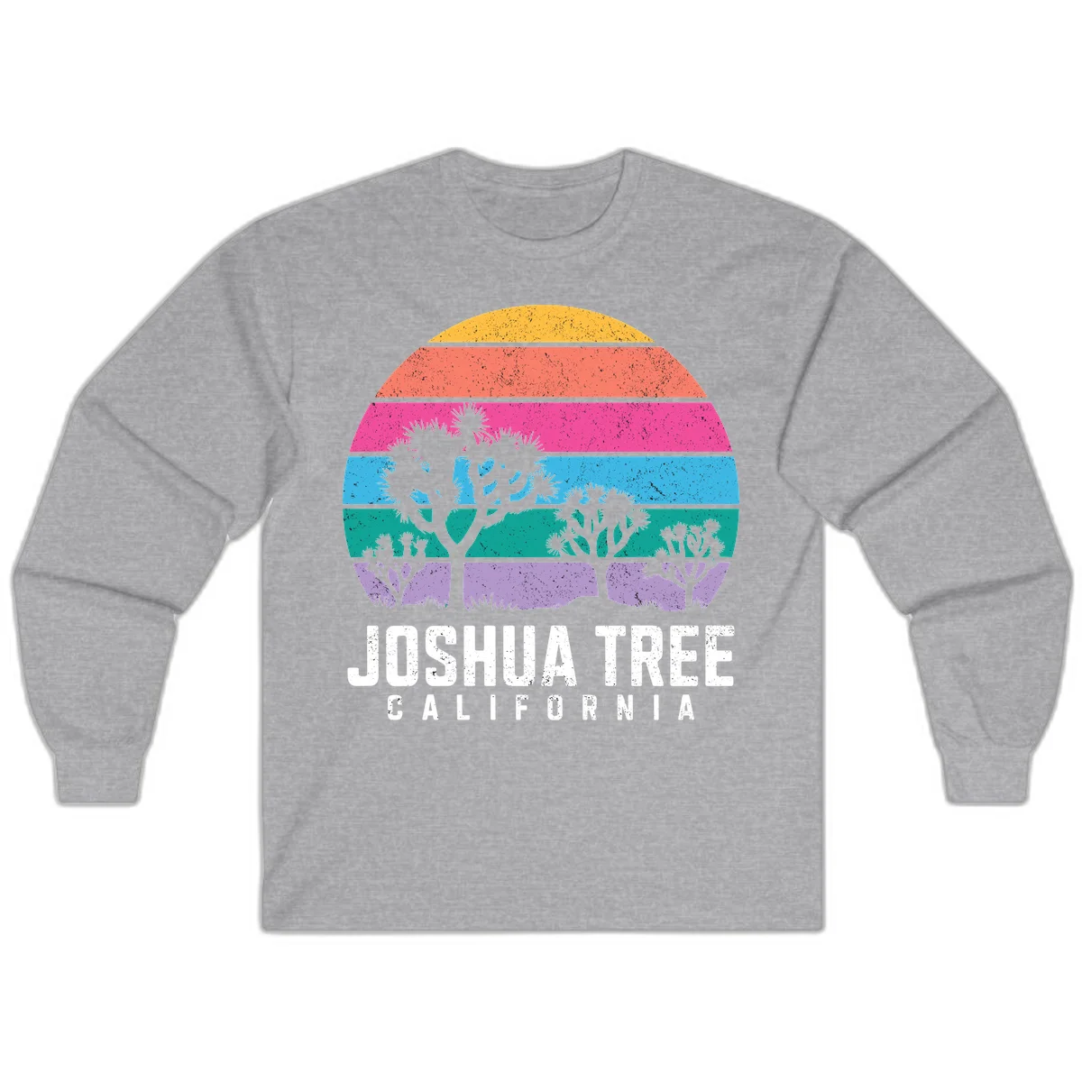 Joshua tree desert stripes design with silhouetted trees across rainbow horizontal color bands and distressed texture. in Sport Grey