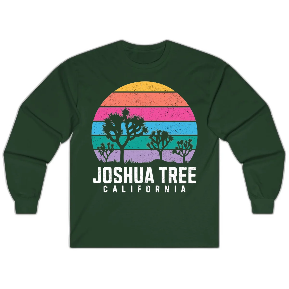 Joshua tree desert stripes design with silhouetted trees across rainbow horizontal color bands and distressed texture. in Forest Green