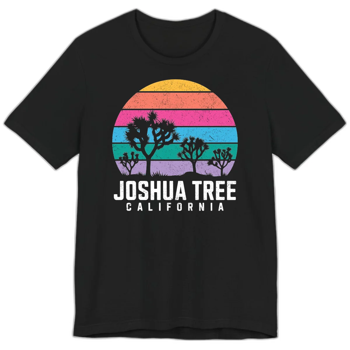 Joshua tree desert stripes design with silhouetted trees across rainbow horizontal color bands and distressed texture. in Black