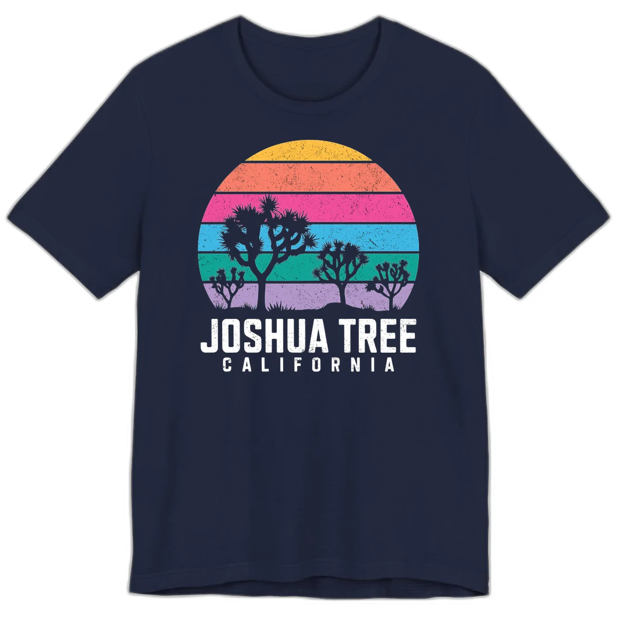 Joshua tree desert stripes design with silhouetted trees across rainbow horizontal color bands and distressed texture. in Navy