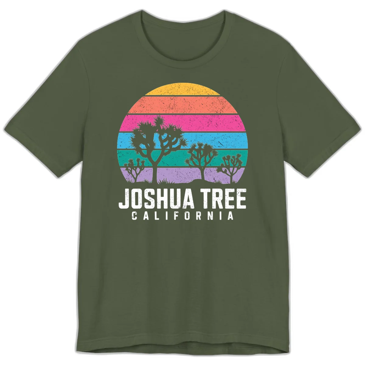 Joshua tree desert stripes design with silhouetted trees across rainbow horizontal color bands and distressed texture. in Military Green