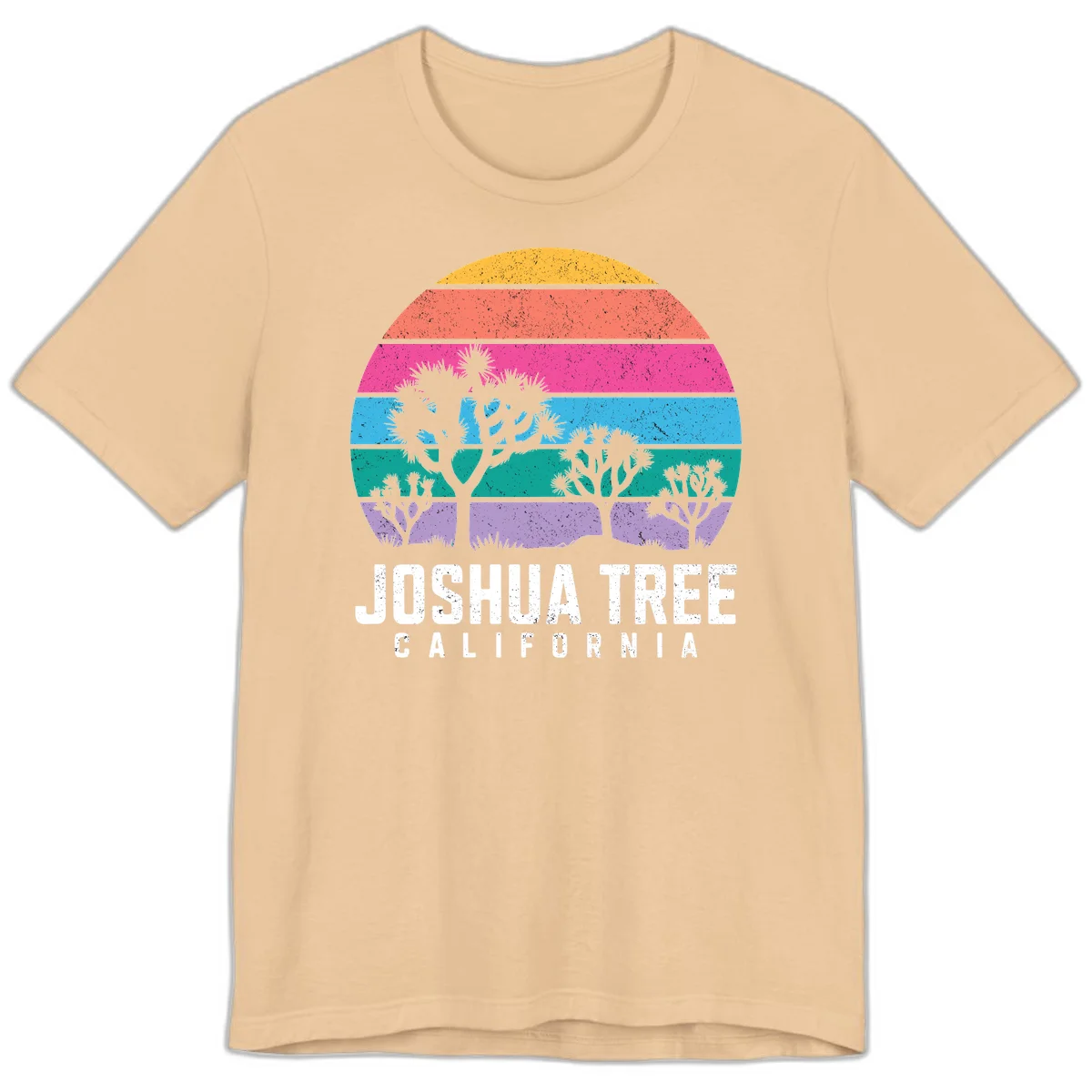 Joshua tree desert stripes design with silhouetted trees across rainbow horizontal color bands and distressed texture. in Sand Dune