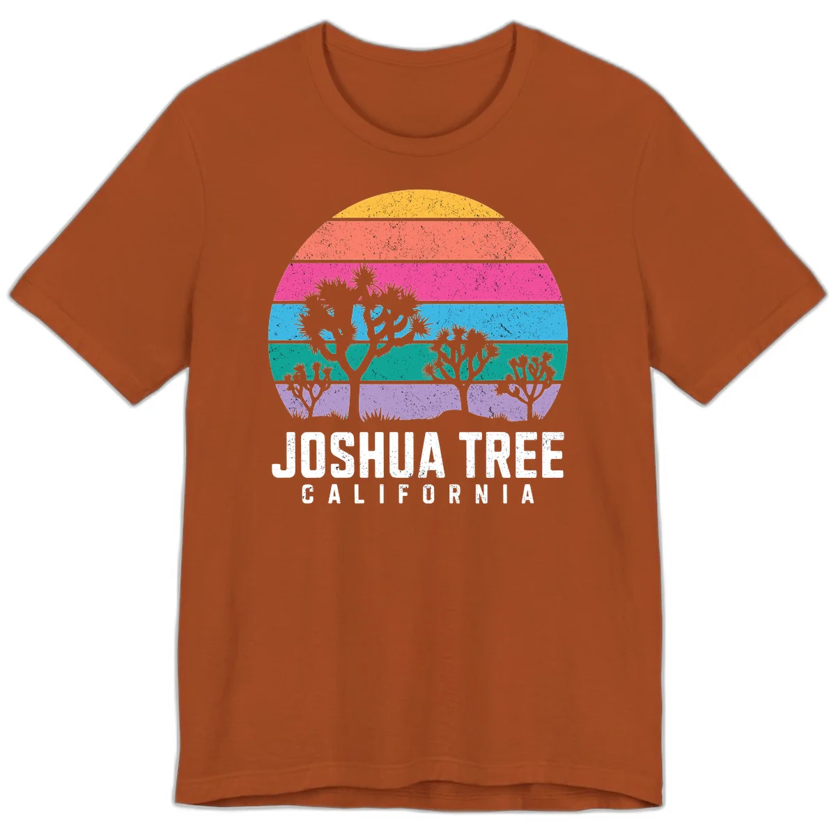 Joshua tree desert stripes design with silhouetted trees across rainbow horizontal color bands and distressed texture. in Autumn