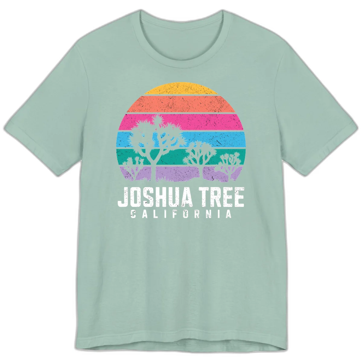 Joshua tree desert stripes design with silhouetted trees across rainbow horizontal color bands and distressed texture. in Dusty Blue