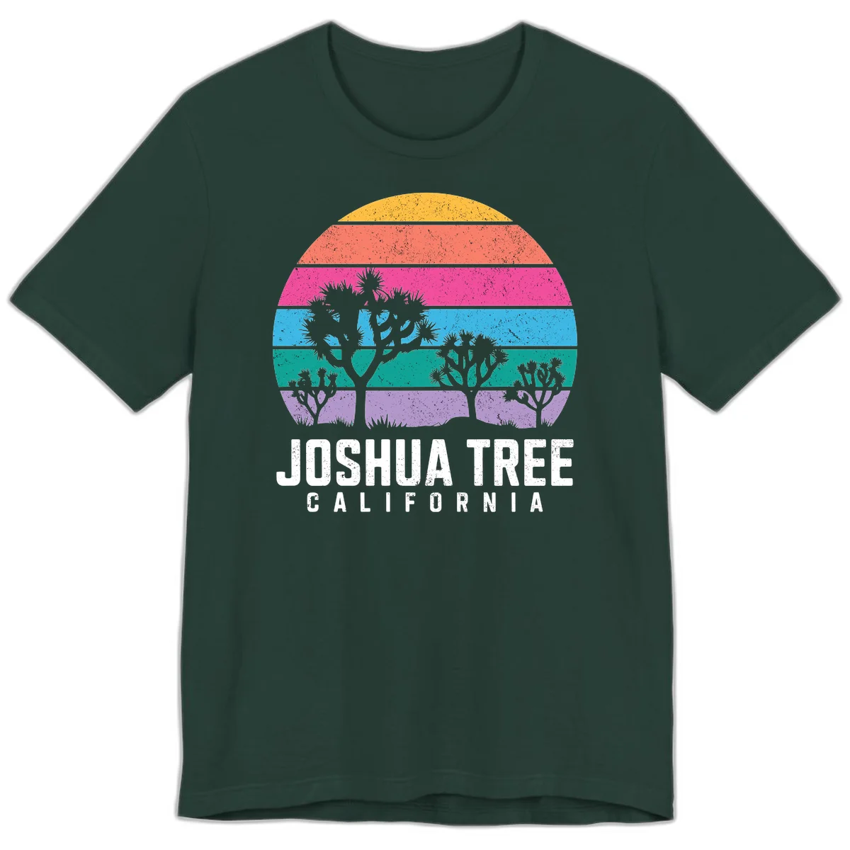 Joshua tree desert stripes design with silhouetted trees across rainbow horizontal color bands and distressed texture. in Forest