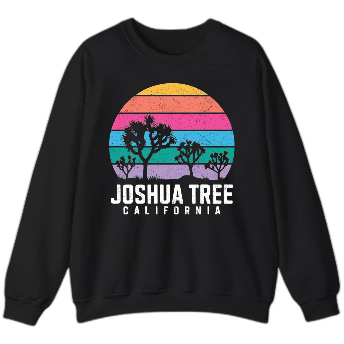 Joshua tree desert stripes design with silhouetted trees across rainbow horizontal color bands and distressed texture. in Black