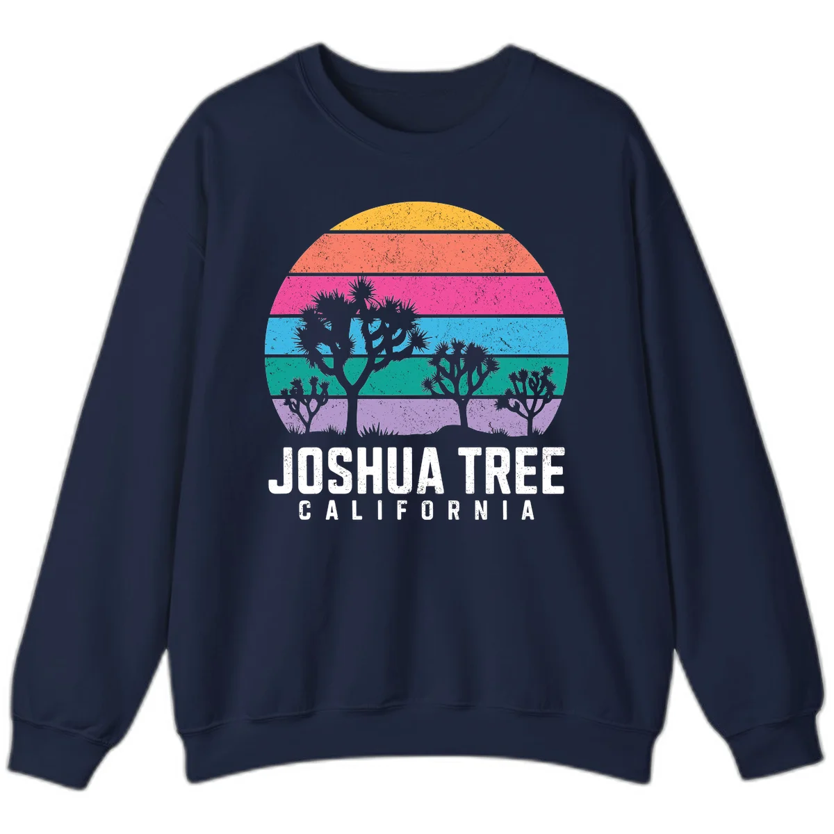 Joshua tree desert stripes design with silhouetted trees across rainbow horizontal color bands and distressed texture. in Navy