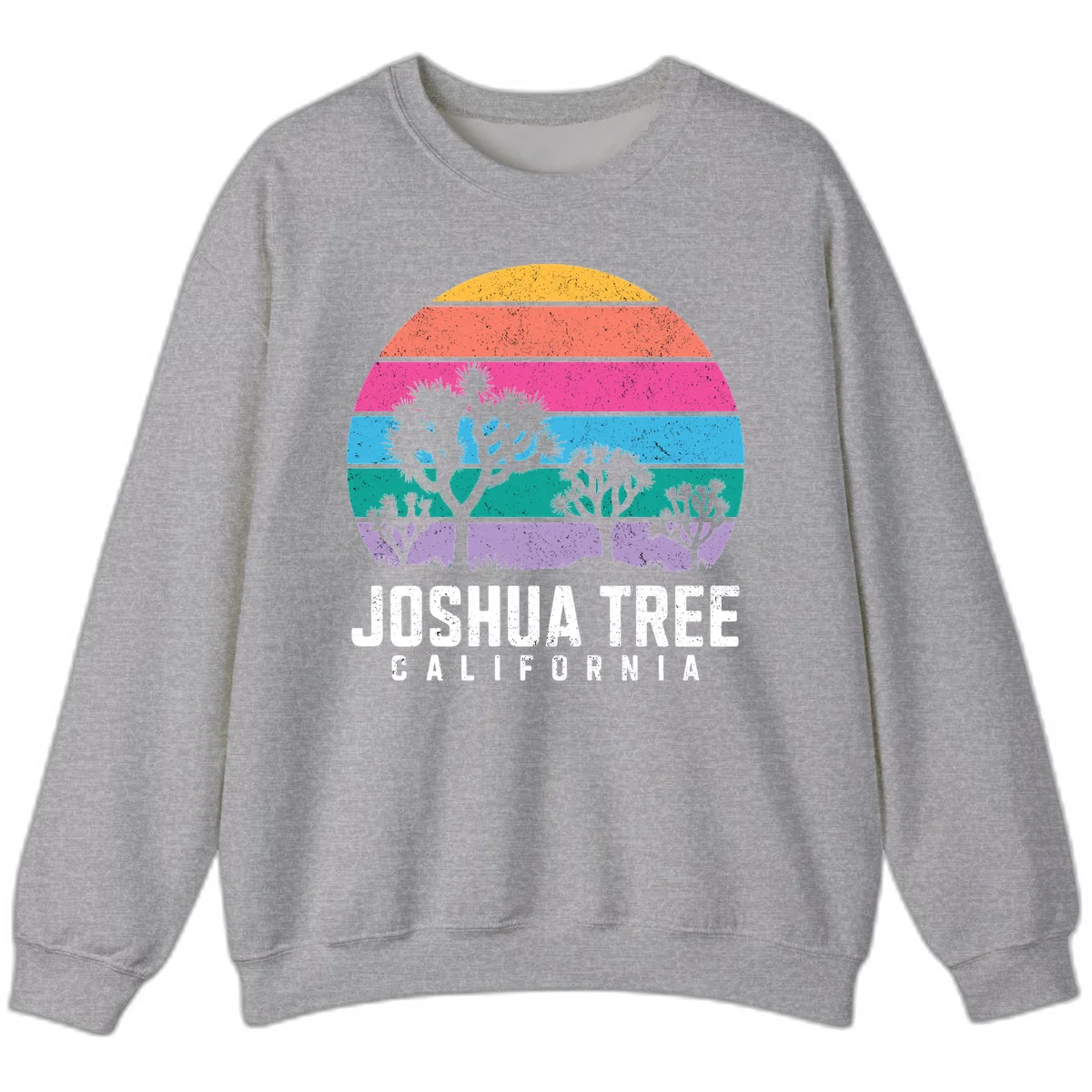 Joshua tree desert stripes design with silhouetted trees across rainbow horizontal color bands and distressed texture. in Sport Grey