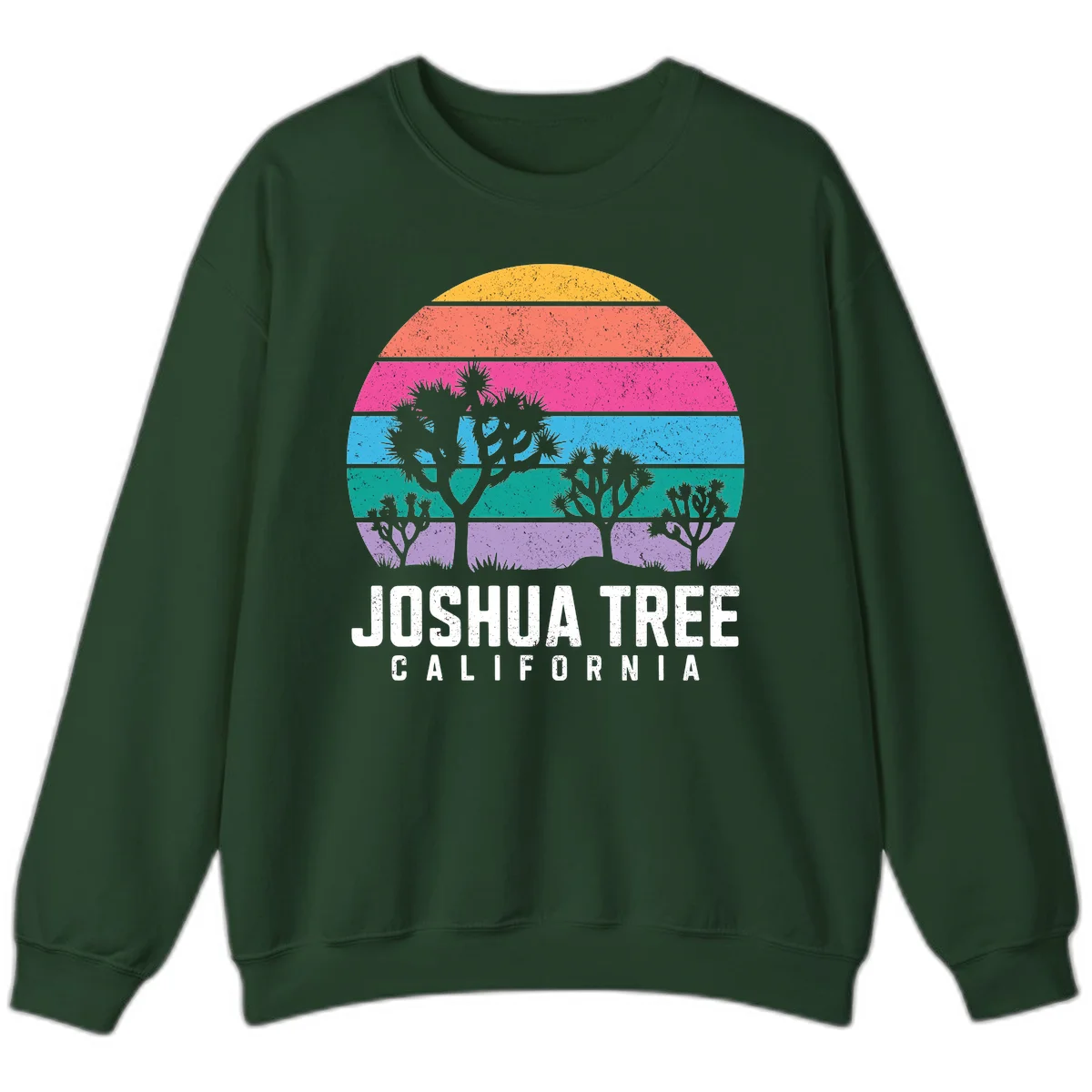Joshua tree desert stripes design with silhouetted trees across rainbow horizontal color bands and distressed texture. in Forest Green