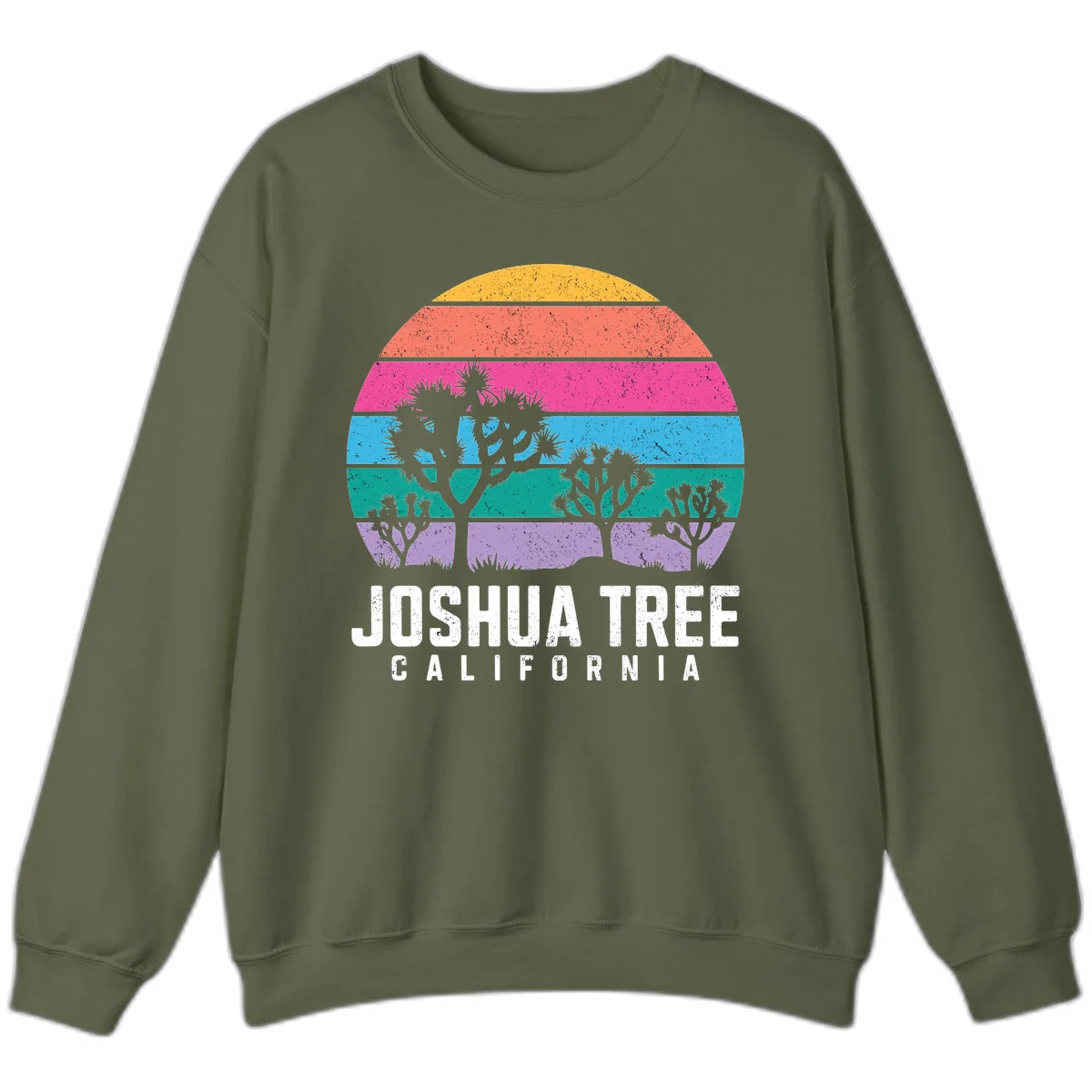 Joshua tree desert stripes design with silhouetted trees across rainbow horizontal color bands and distressed texture. in Military Green