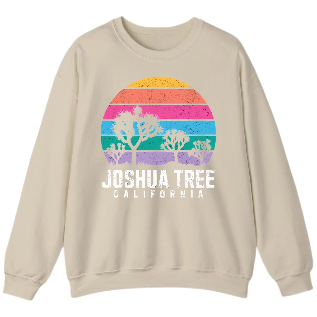 Joshua tree desert stripes design with silhouetted trees across rainbow horizontal color bands and distressed texture. in Sand