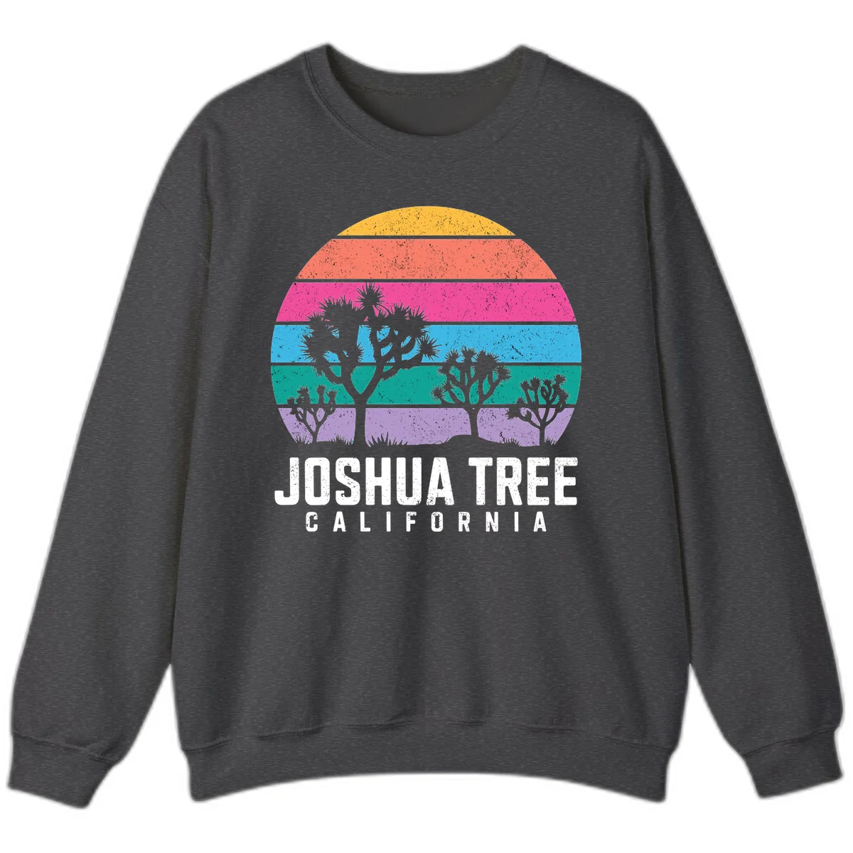 Joshua tree desert stripes design with silhouetted trees across rainbow horizontal color bands and distressed texture. in Dark Heather